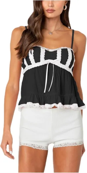 Women Fairy Lace Babydoll Top Y2K Lace Trim Spaghetti Strap Peplum Tank Top Slim Fit Backless Going Out Camisole