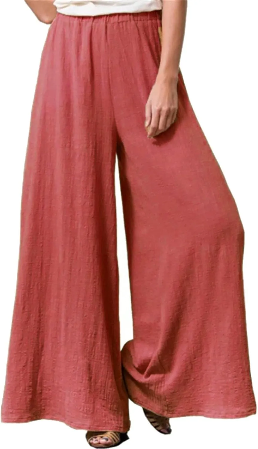 Women Linen Blend Summer Baggy Palazzo Lounge Pants High Waist Ankle Length Slim Fit Palazzo Lounge Pants Travel
