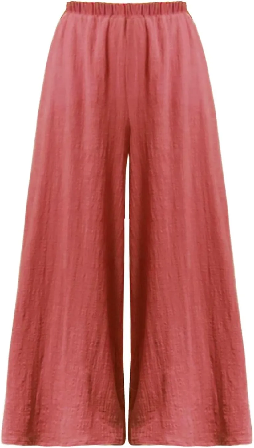 Women Linen Blend Summer Baggy Palazzo Lounge Pants High Waist Ankle Length Slim Fit Palazzo Lounge Pants Travel