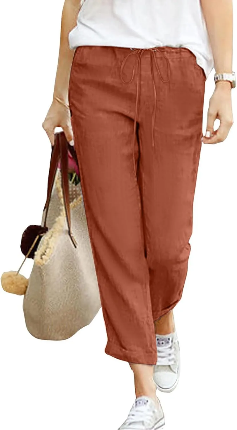 Women Linen Blend Summer Striped Palazzo Pants Elastic Waist Baggy Stretchy Slim-Fit Palazzo Lounge Pants