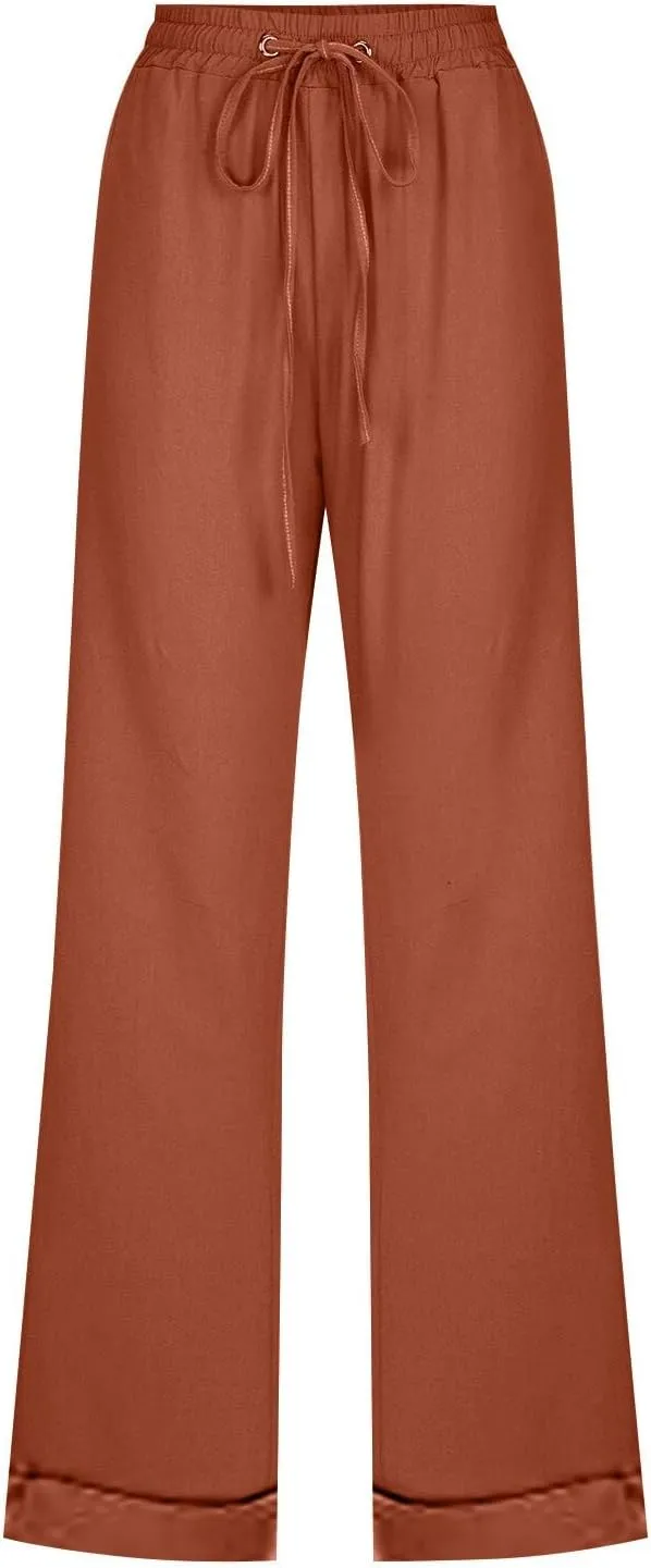 Women Linen Blend Summer Striped Palazzo Pants Elastic Waist Baggy Stretchy Slim-Fit Palazzo Lounge Pants