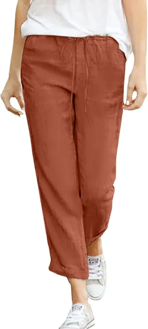 Women Linen Blend Summer Striped Palazzo Pants Elastic Waist Baggy Stretchy Slim-Fit Palazzo Lounge Pants