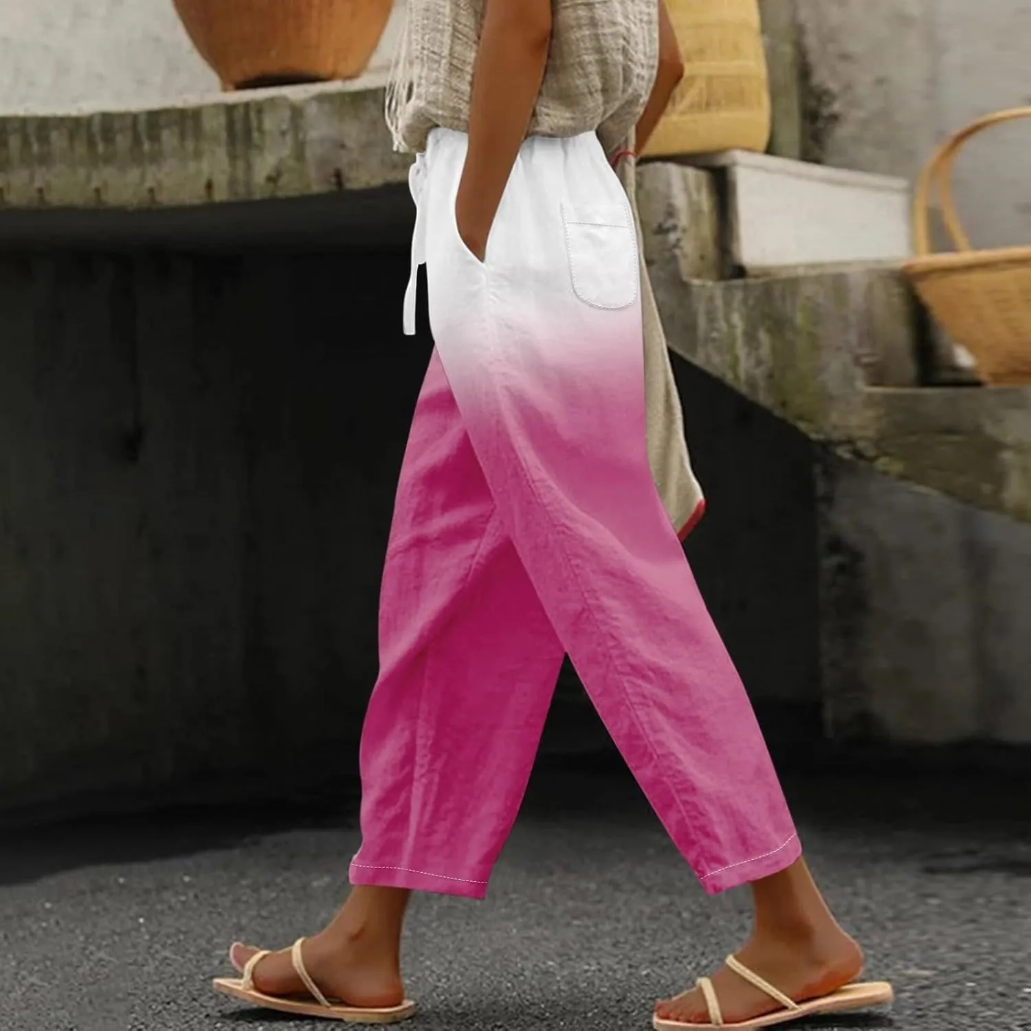 Women Linen Pants Lightweight Capri Pants Cotton Linen High Waisted Trousers Loose Summer Lounge Long Trousers