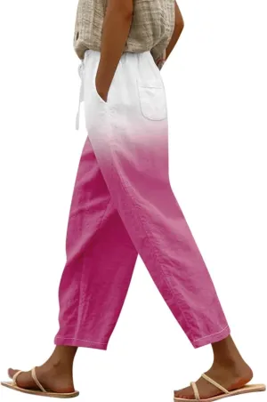Women Linen Pants Lightweight Capri Pants Cotton Linen High Waisted Trousers Loose Summer Lounge Long Trousers