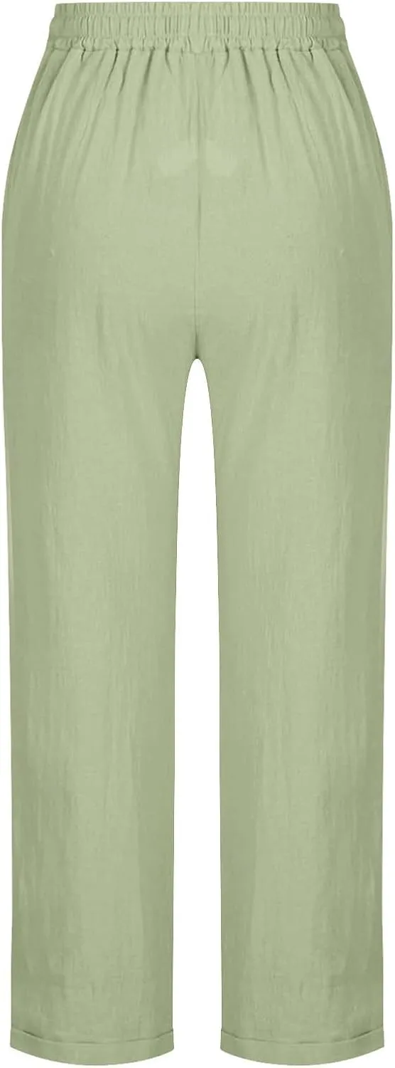 Women Linen Pants Lightweight Capri Pants with Pockets Summer Casual Beach Elastic Waist Wide Leg Loose Fit Trousers