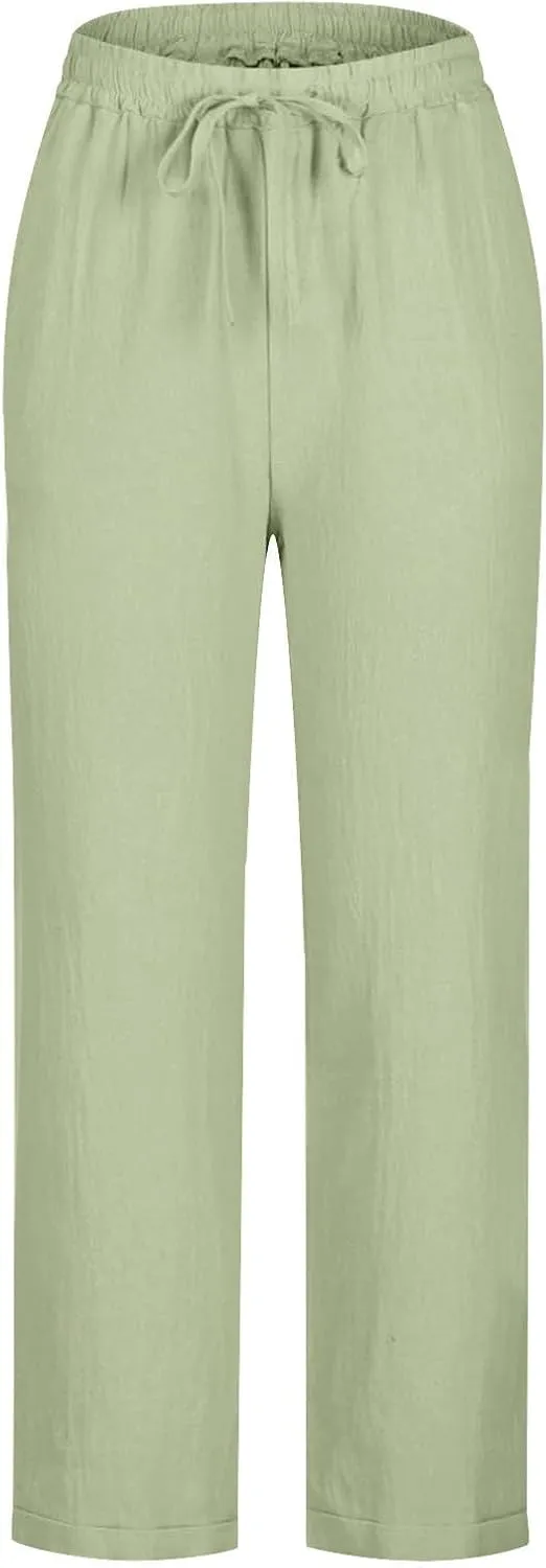 Women Linen Pants Lightweight Capri Pants with Pockets Summer Casual Beach Elastic Waist Wide Leg Loose Fit Trousers