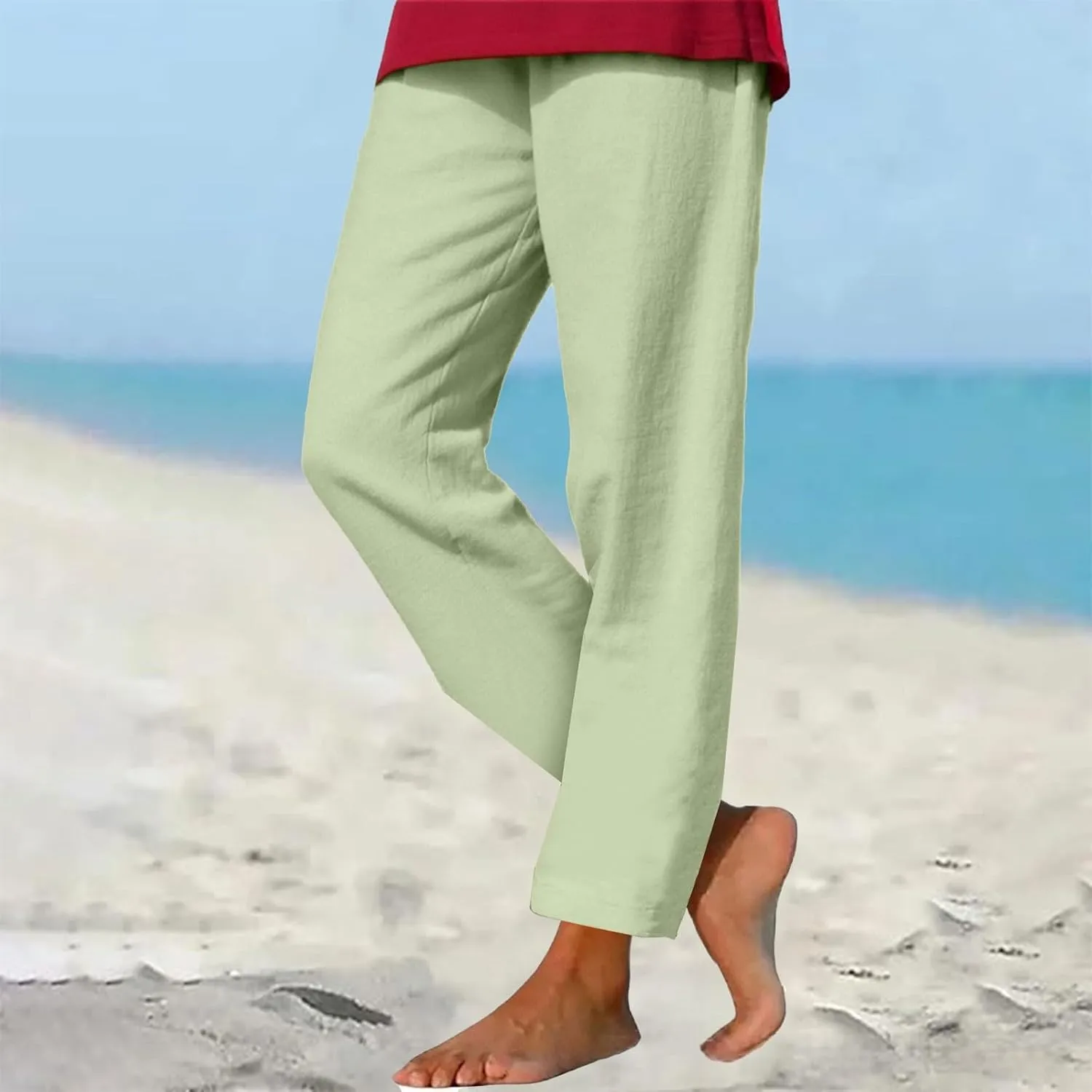 Women Linen Pants Lightweight Capri Pants with Pockets Summer Casual Beach Elastic Waist Wide Leg Loose Fit Trousers
