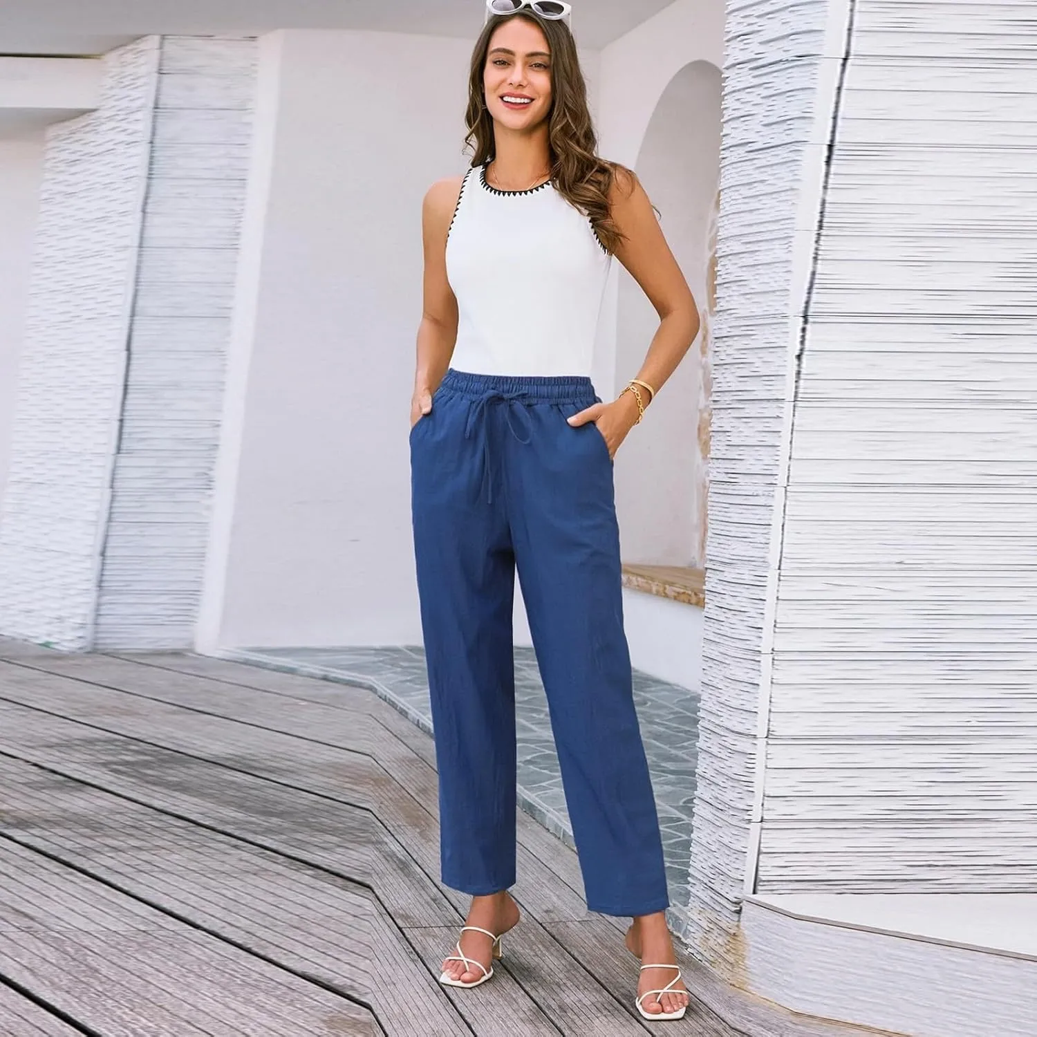 Women Linen Pants Loose High Waist Boho Wide Leg Cropped Palazzo Beach Pants Summer Beach Outfits 2025 Trendy