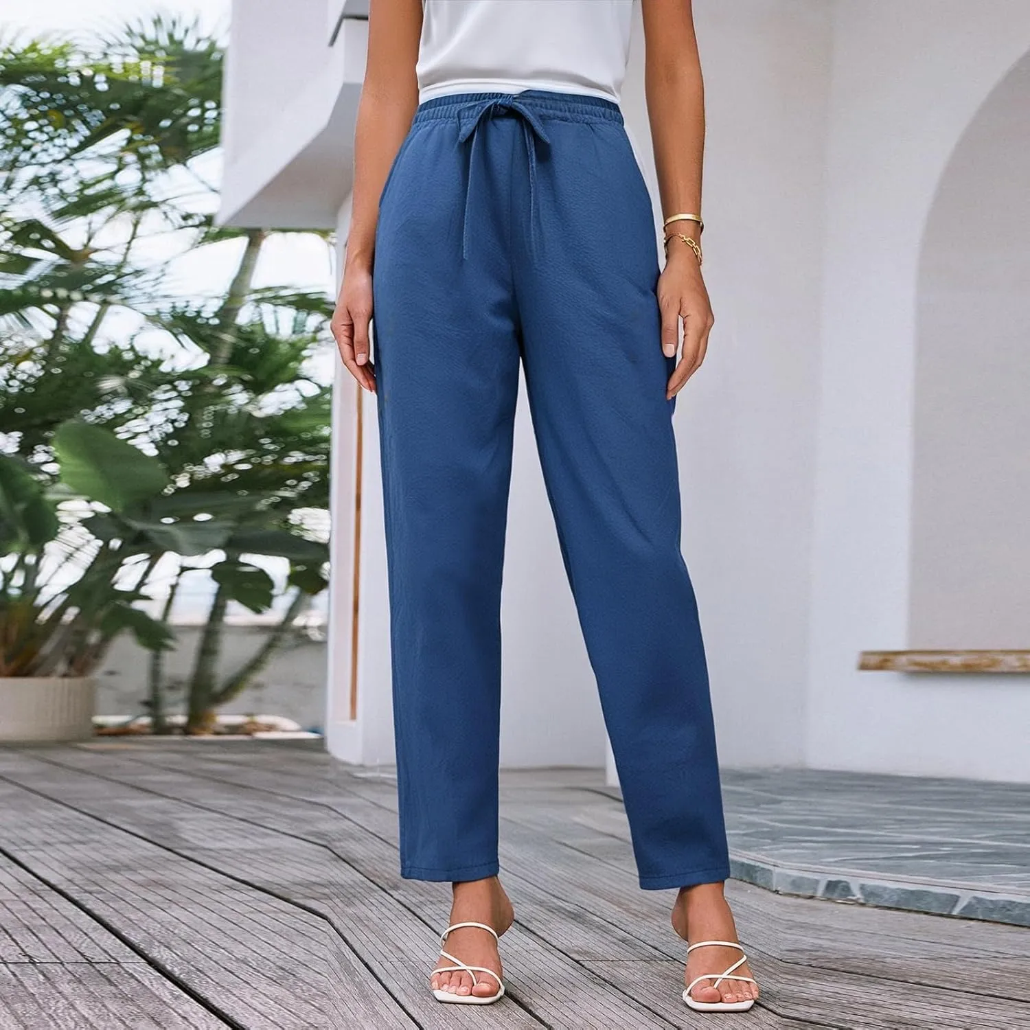 Women Linen Pants Loose High Waist Boho Wide Leg Cropped Palazzo Beach Pants Summer Beach Outfits 2025 Trendy