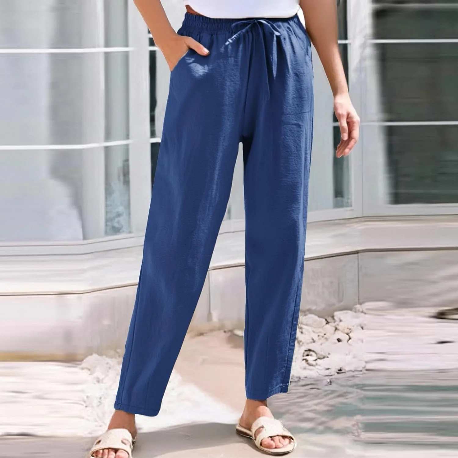 Women Linen Pants Loose High Waist Boho Wide Leg Cropped Palazzo Beach Pants Summer Beach Outfits 2025 Trendy
