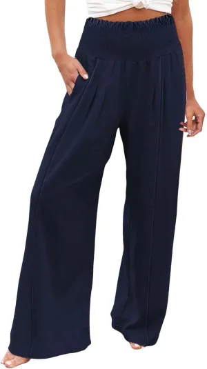 Women Linen Pants Wide Leg Long Lounge Pant Summer High Waisted Cotton Flowy Lightweight Palazzo Trousers with Pocket