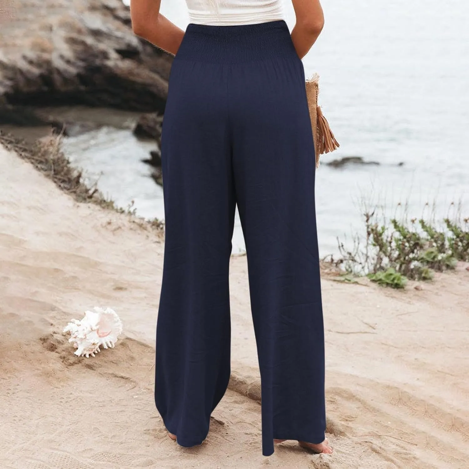 Women Linen Pants Wide Leg Long Lounge Pant Summer High Waisted Cotton Flowy Lightweight Palazzo Trousers with Pocket