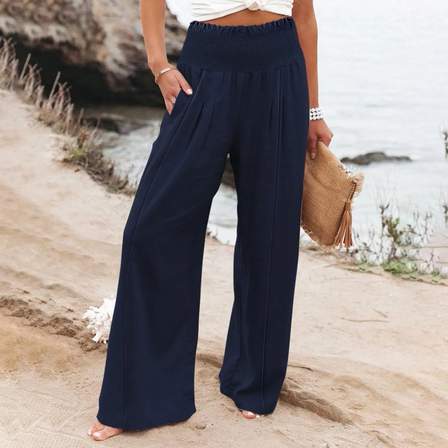 Women Linen Pants Wide Leg Long Lounge Pant Summer High Waisted Cotton Flowy Lightweight Palazzo Trousers with Pocket