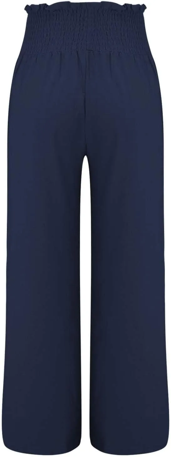 Women Linen Pants Wide Leg Long Lounge Pant Summer High Waisted Cotton Flowy Lightweight Palazzo Trousers with Pocket