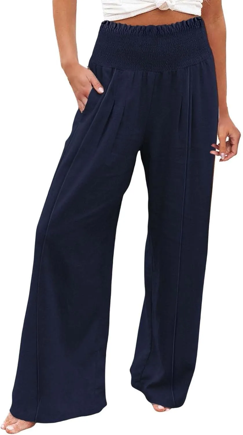 Women Linen Pants Wide Leg Long Lounge Pant Summer High Waisted Cotton Flowy Lightweight Palazzo Trousers with Pocket