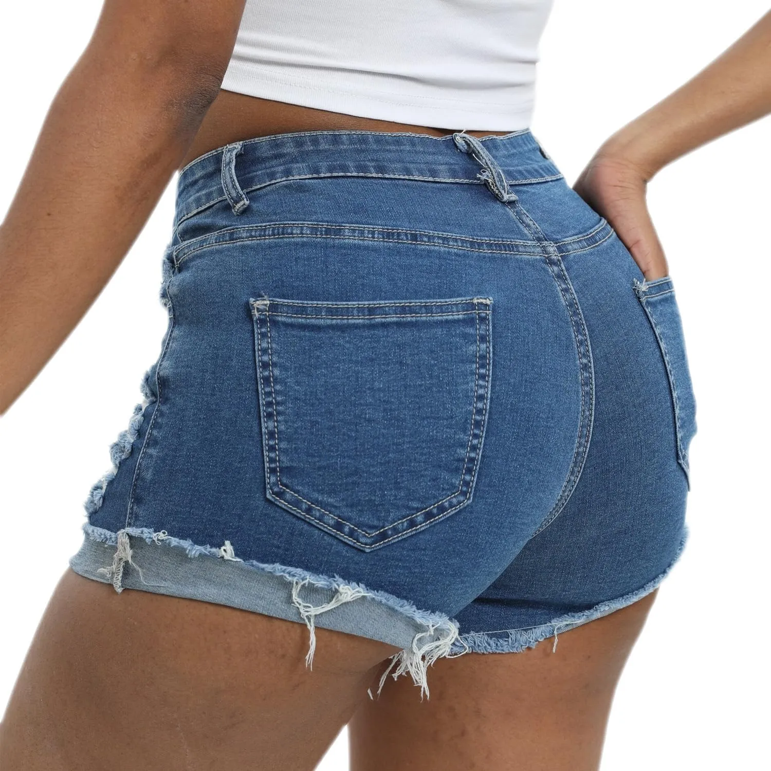Women Mid Rise Stretchy Denim Shorts Ripped Hem Folded Frayed Distressed Short Jeans