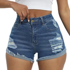 Women Mid Rise Stretchy Denim Shorts Ripped Hem Folded Frayed Distressed Short Jeans