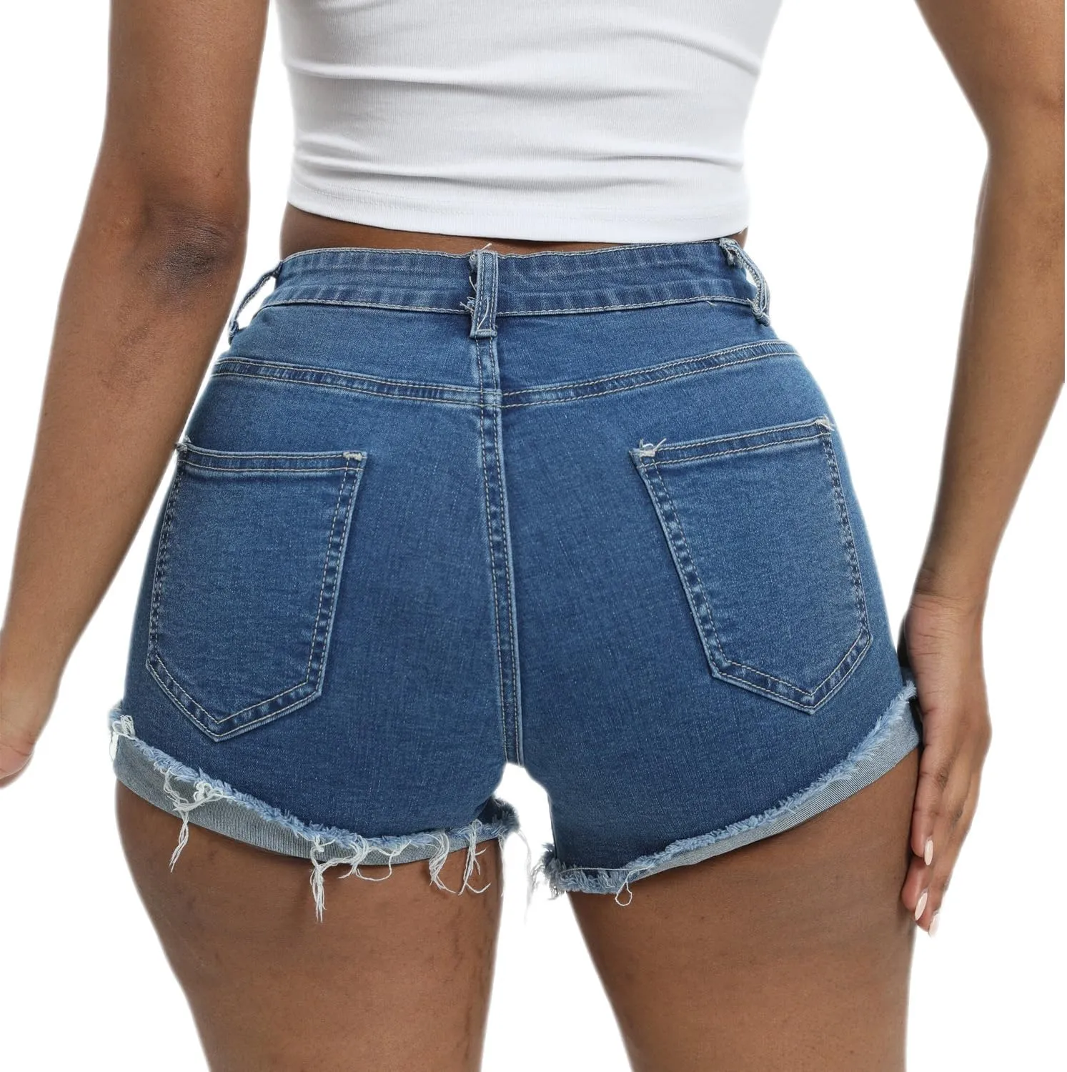 Women Mid Rise Stretchy Denim Shorts Ripped Hem Folded Frayed Distressed Short Jeans