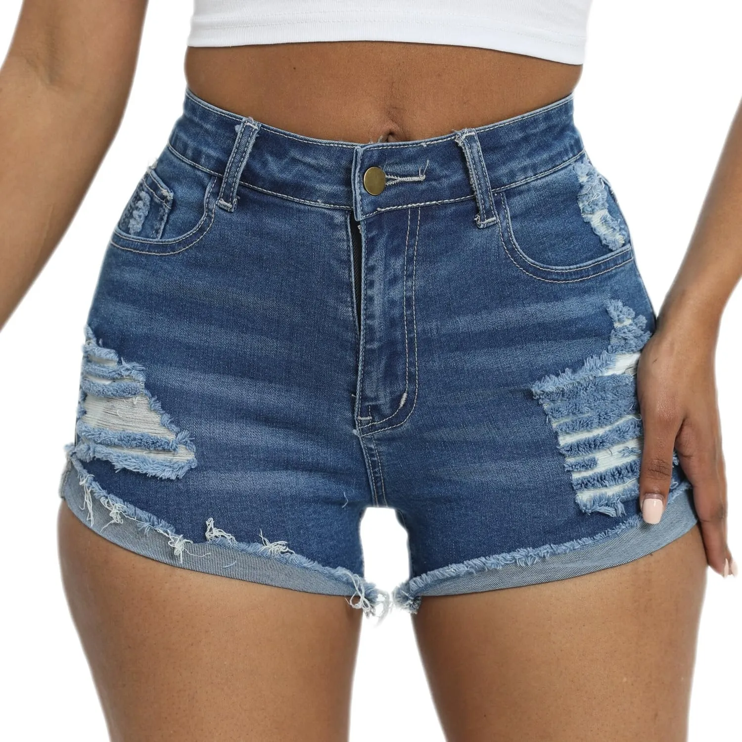 Women Mid Rise Stretchy Denim Shorts Ripped Hem Folded Frayed Distressed Short Jeans
