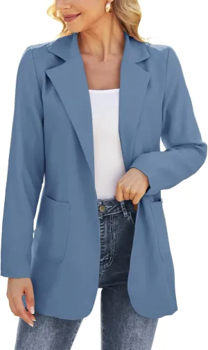 Women Open Front Blazers Long Sleeve Casual OL Office Slim Buttonless Suit Jacket with Pockets