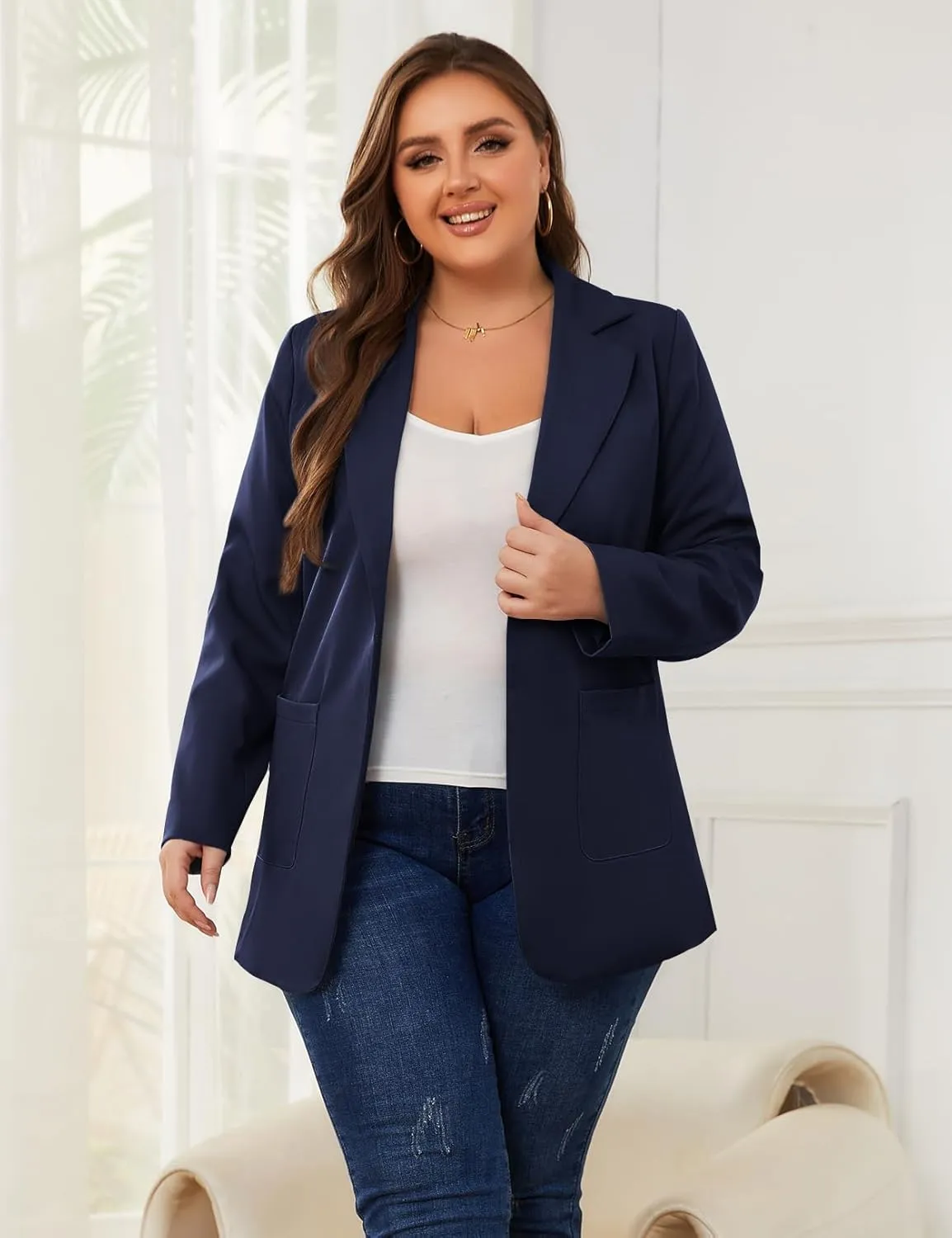 Women Open Front Blazers Long Sleeve Casual OL Office Slim Buttonless Suit Jacket with Pockets