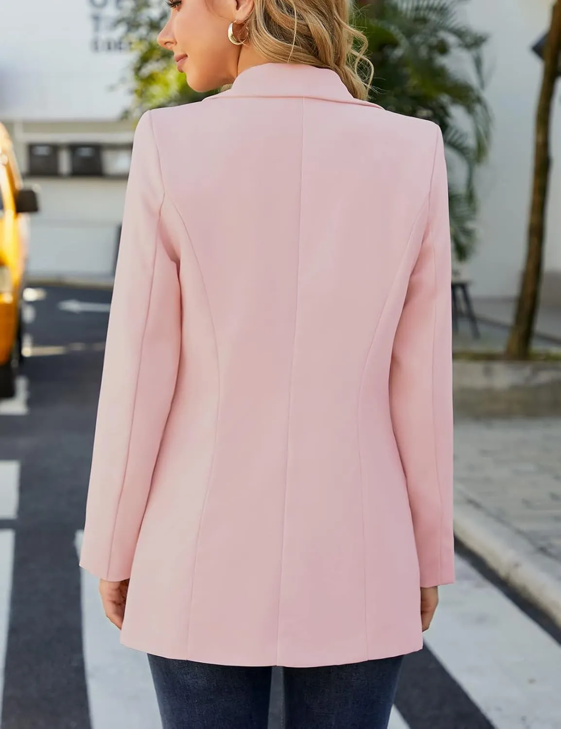 Women Open Front Blazers Long Sleeve Casual OL Office Slim Buttonless Suit Jacket with Pockets