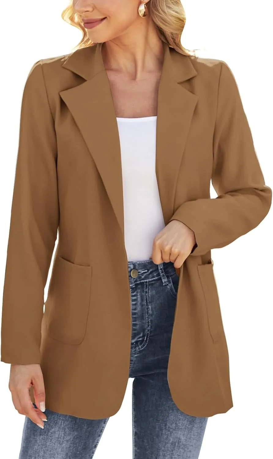 Women Open Front Blazers Long Sleeve Casual OL Office Slim Buttonless Suit Jacket with Pockets