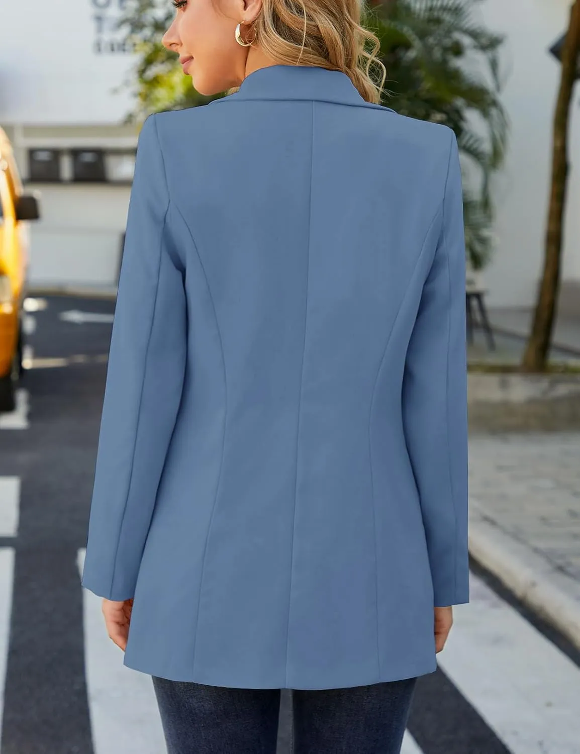 Women Open Front Blazers Long Sleeve Casual OL Office Slim Buttonless Suit Jacket with Pockets
