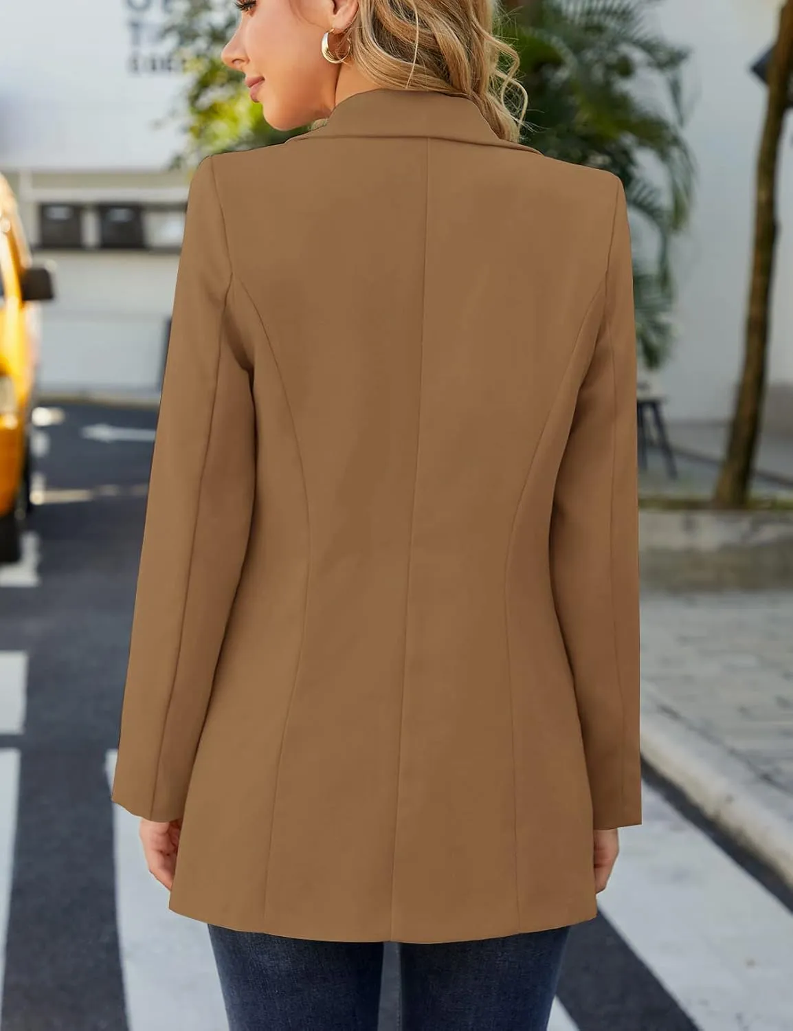 Women Open Front Blazers Long Sleeve Casual OL Office Slim Buttonless Suit Jacket with Pockets