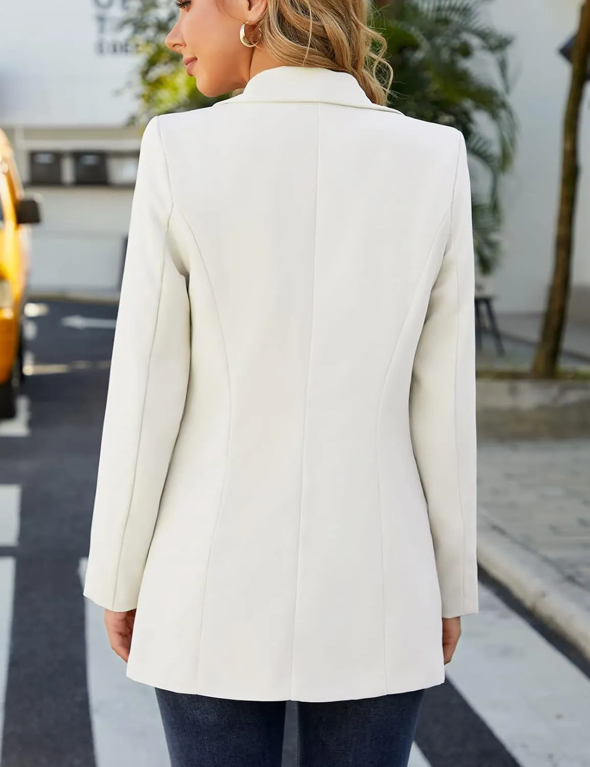 Women Open Front Blazers Long Sleeve Casual OL Office Slim Buttonless Suit Jacket with Pockets