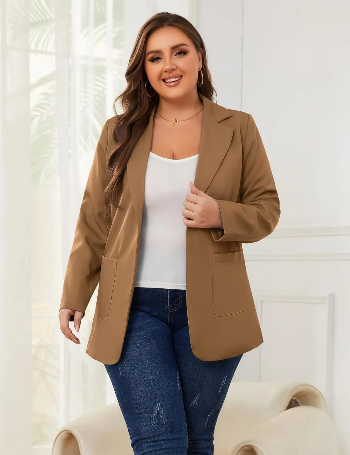 Women Open Front Blazers Long Sleeve Casual OL Office Slim Buttonless Suit Jacket with Pockets