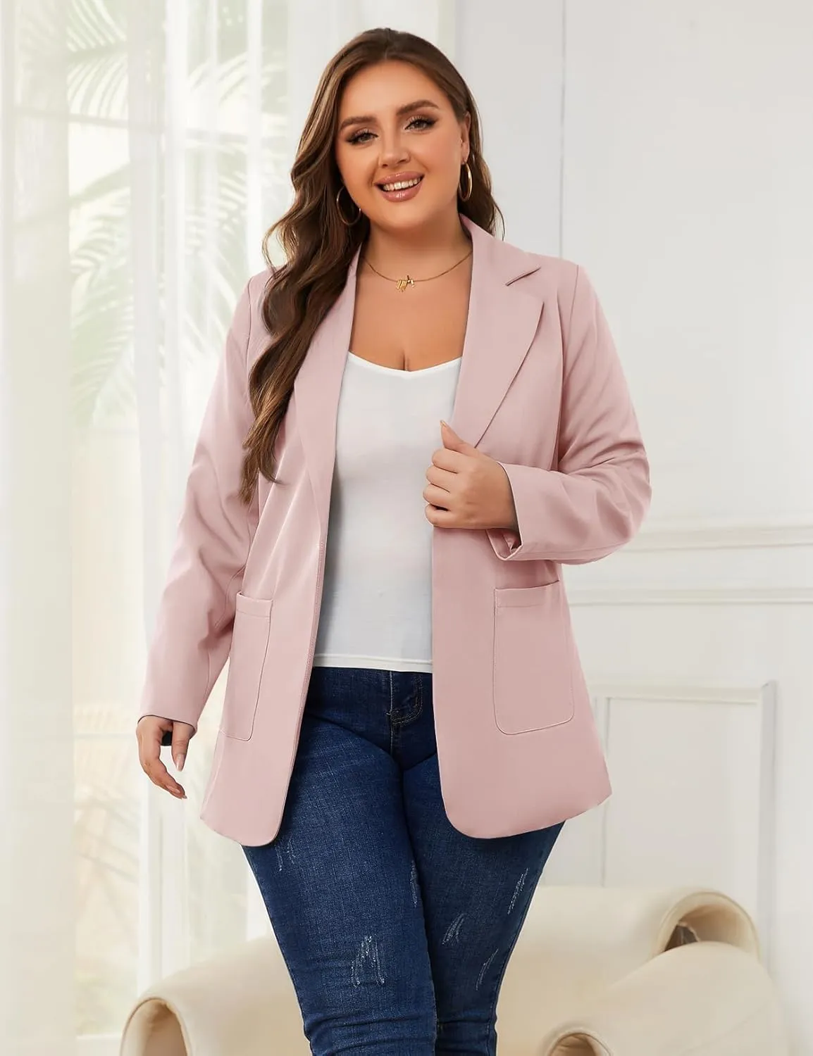 Women Open Front Blazers Long Sleeve Casual OL Office Slim Buttonless Suit Jacket with Pockets