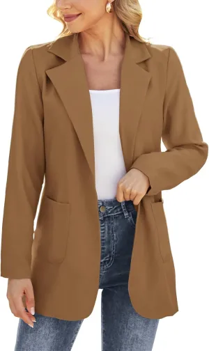 Women Open Front Blazers Long Sleeve Casual OL Office Slim Buttonless Suit Jacket with Pockets