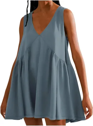 Women Summer Sleeveless Babydoll Dresses Loose Fit Hide Belly Flowy V Neck Mini Dress Plus Size Boho Beach Vacation Dress