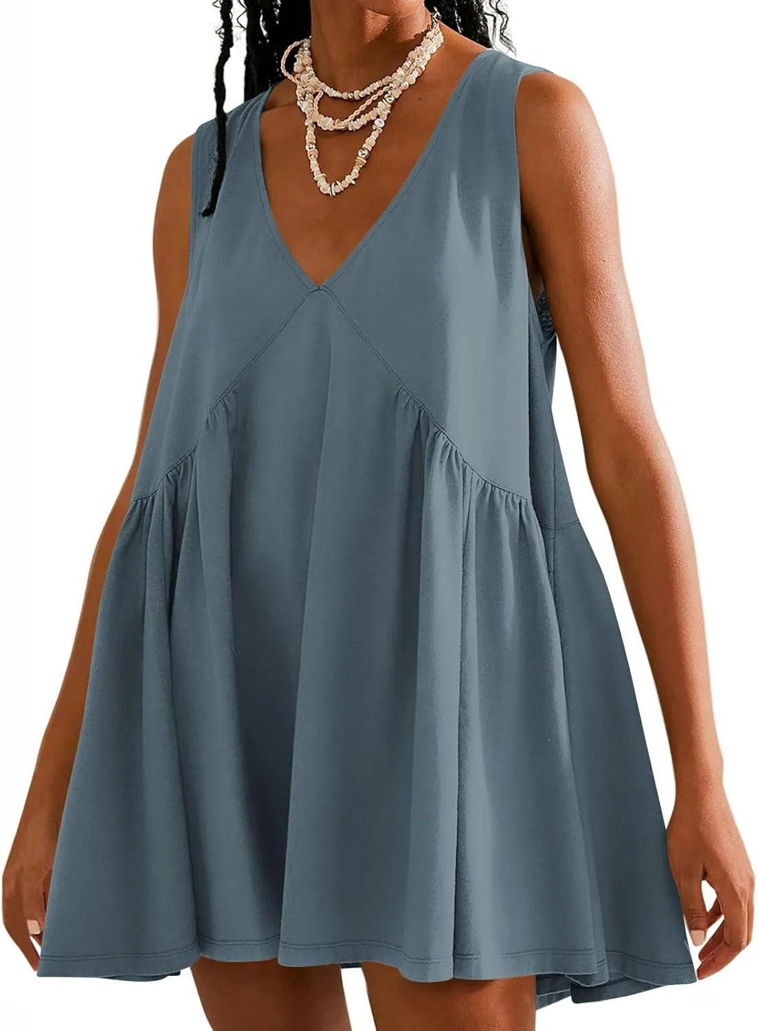 Women Summer Sleeveless Babydoll Dresses Loose Fit Hide Belly Flowy V Neck Mini Dress Plus Size Boho Beach Vacation Dress
