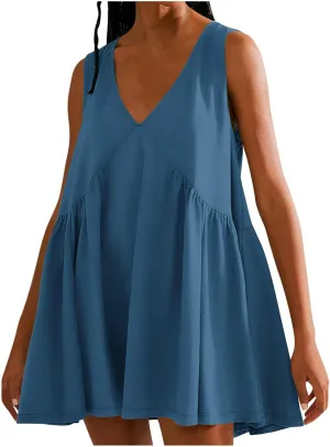 Women Summer Sleeveless Babydoll Dresses Loose Fit Hide Belly Flowy V Neck Mini Dress Plus Size Boho Beach Vacation Dress