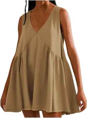 Women Summer Sleeveless Babydoll Dresses Loose Fit Hide Belly Flowy V Neck Mini Dress Plus Size Boho Beach Vacation Dress