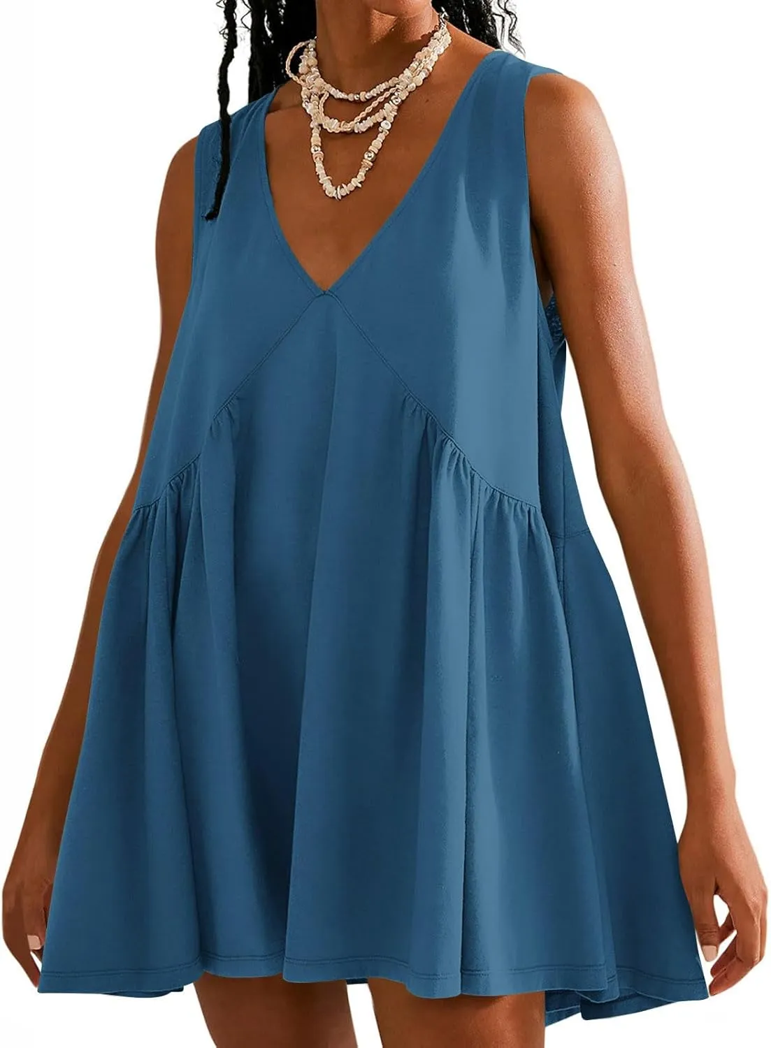 Women Summer Sleeveless Babydoll Dresses Loose Fit Hide Belly Flowy V Neck Mini Dress Plus Size Boho Beach Vacation Dress
