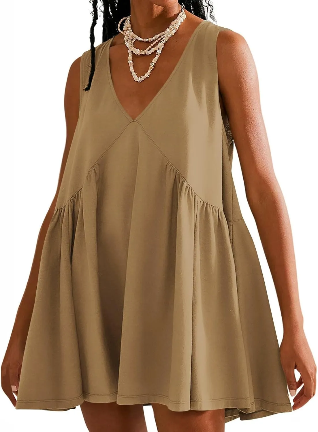 Women Summer Sleeveless Babydoll Dresses Loose Fit Hide Belly Flowy V Neck Mini Dress Plus Size Boho Beach Vacation Dress