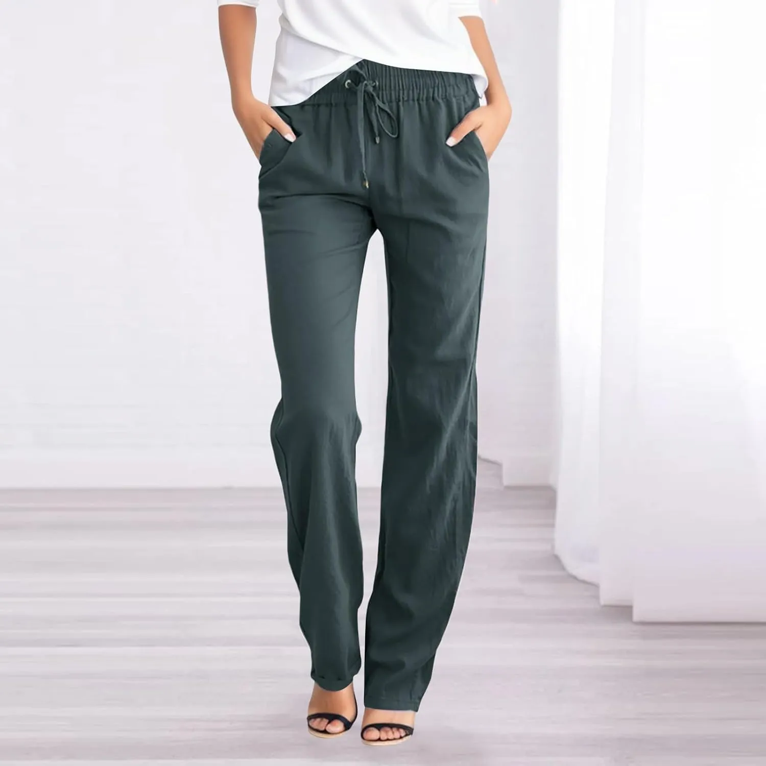 Women Sweatpants Straight Leg Cotton Linen Long Pants Summer Drawstring Lounge Trousers Trendy Casual 2024 Trouser