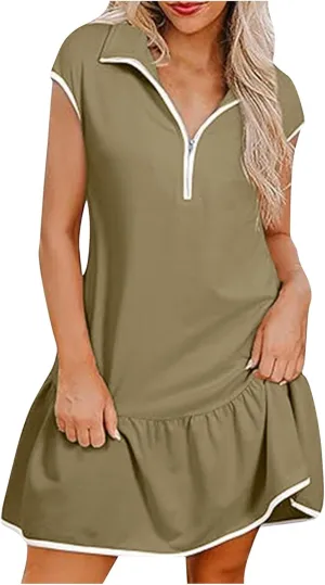 Women Trendy Half Zip Summer Dress V Neck Cap Sleeve Ruffle Swing Mini Dresses Casual Fitted Sundress Fashion Clothes
