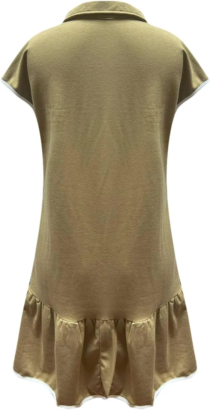 Women Trendy Half Zip Summer Dress V Neck Cap Sleeve Ruffle Swing Mini Dresses Casual Fitted Sundress Fashion Clothes