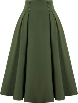 Women Vintage Skirt High Waist Pleated Skirt Midi A-Line Skirt with Pockets Summer Spring Swing Formal Casual Dresses