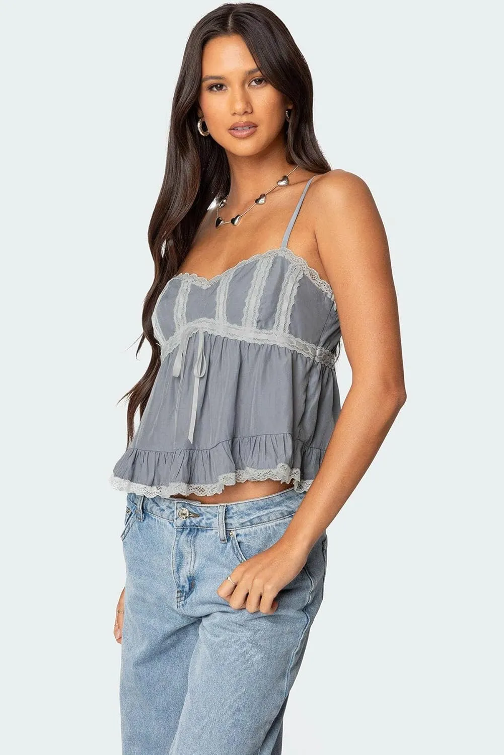 Women Y2k Babydoll Tank Top Spaghetti Strap Lace Trim Cami Peplum Top Flowy Sleeveless Shirts Camisole