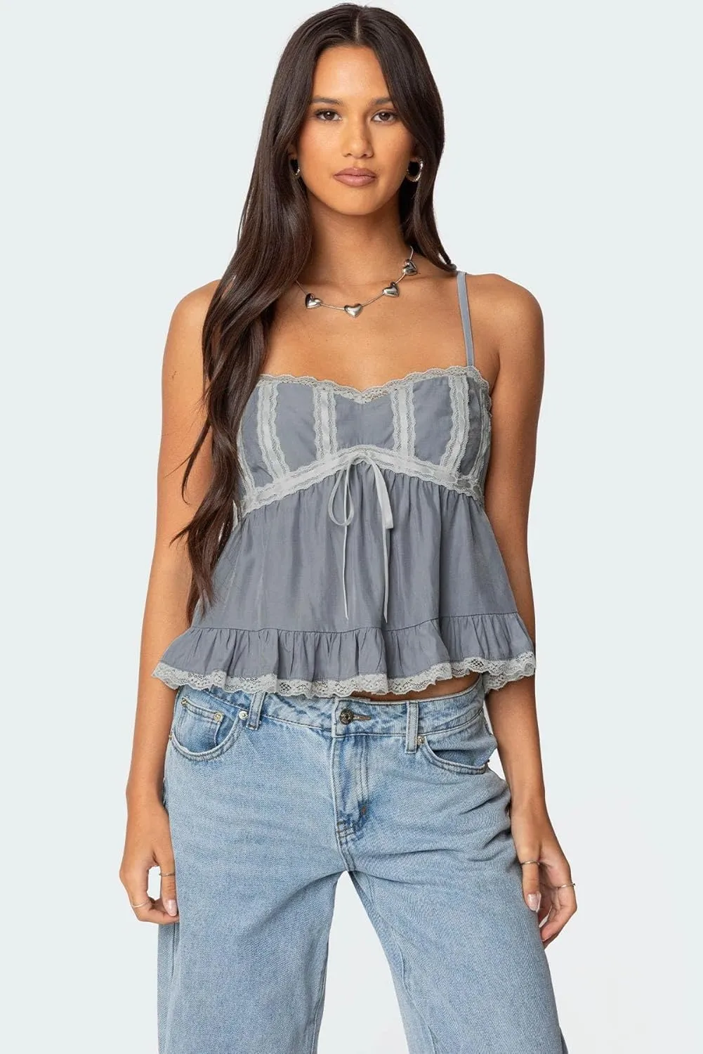 Women Y2k Babydoll Tank Top Spaghetti Strap Lace Trim Cami Peplum Top Flowy Sleeveless Shirts Camisole