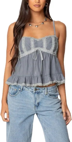 Women Y2k Babydoll Tank Top Spaghetti Strap Lace Trim Cami Peplum Top Flowy Sleeveless Shirts Camisole