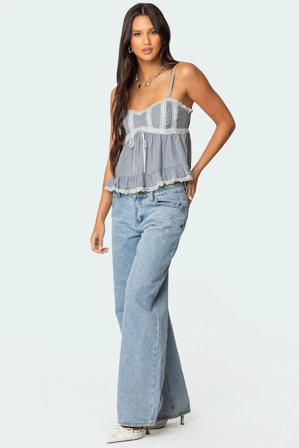 Women Y2k Babydoll Tank Top Spaghetti Strap Lace Trim Cami Peplum Top Flowy Sleeveless Shirts Camisole