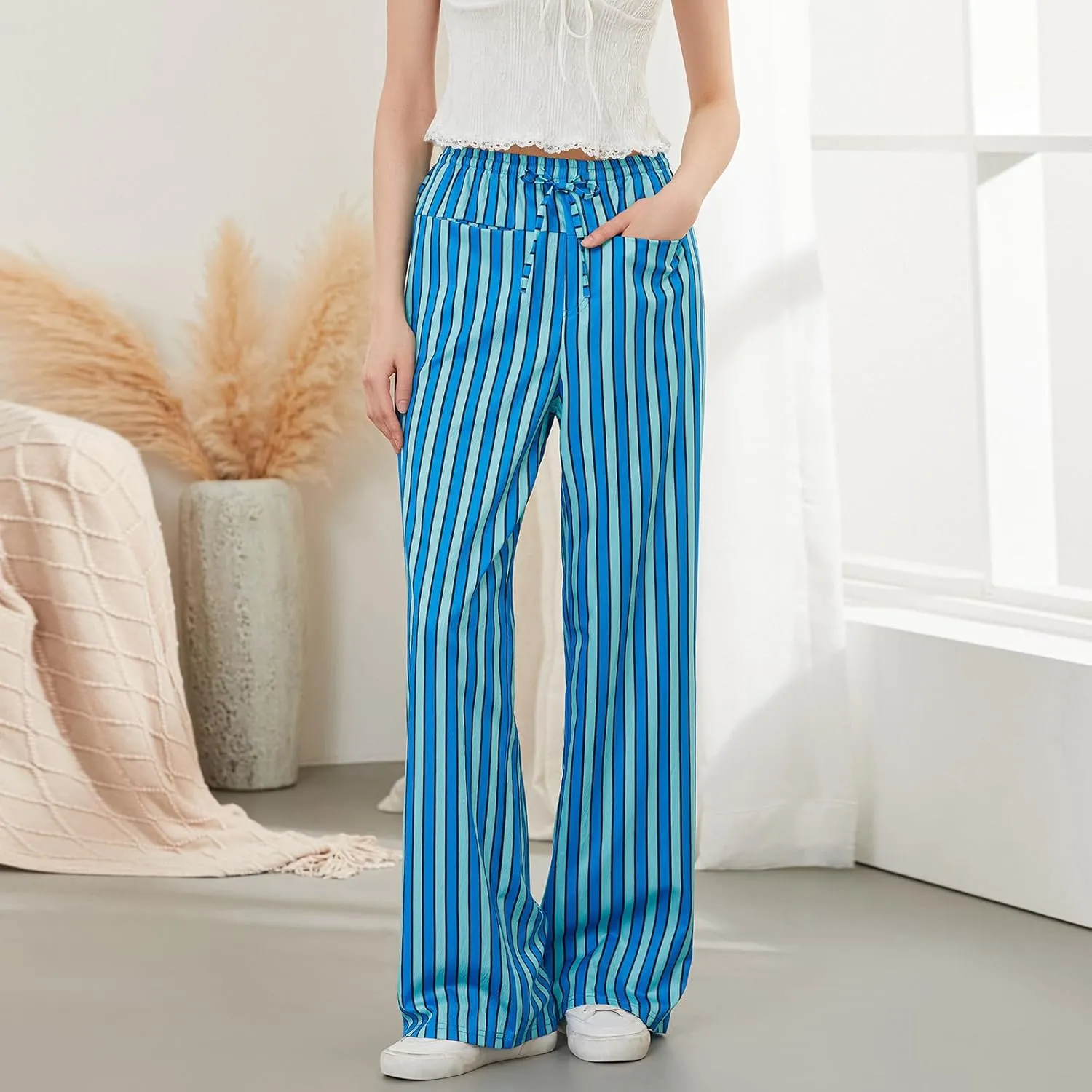 Women Y2k Striped Long Pants Wide Leg Stripes Print Lounge Pants High Waist Drawstring Striped Trousers