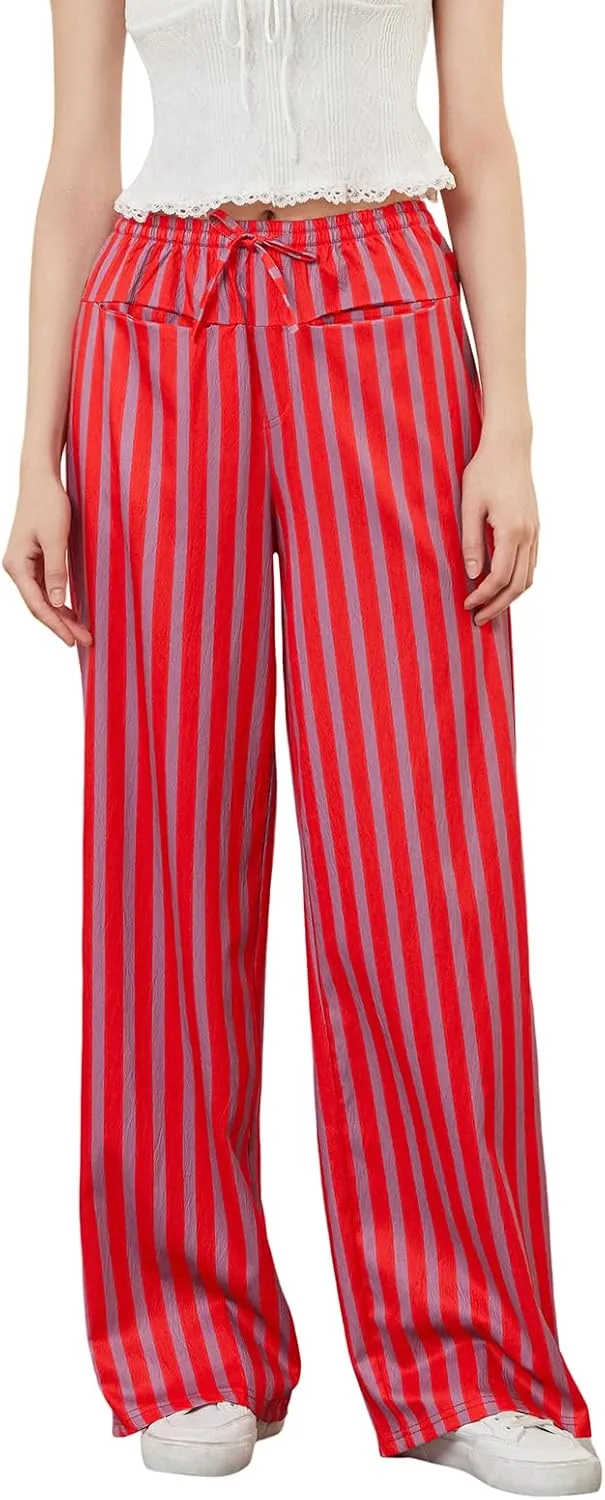 Women Y2k Striped Long Pants Wide Leg Stripes Print Lounge Pants High Waist Drawstring Striped Trousers