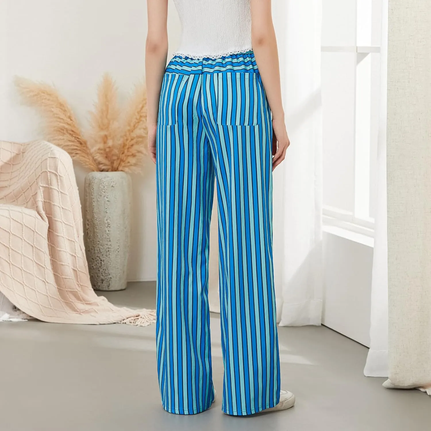 Women Y2k Striped Long Pants Wide Leg Stripes Print Lounge Pants High Waist Drawstring Striped Trousers